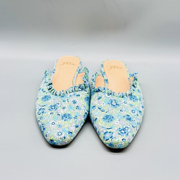 J Crew Shoes Women 8 Blue Green Floral Ruffle Trim Mule Flat Pointed Toe Slip On - Picture 3 of 12
